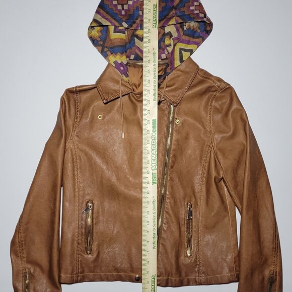 Blu Pepper Womens Brown Faux Leather Biker Jacket with Removable Hood Size Large - Picture 16 of 16